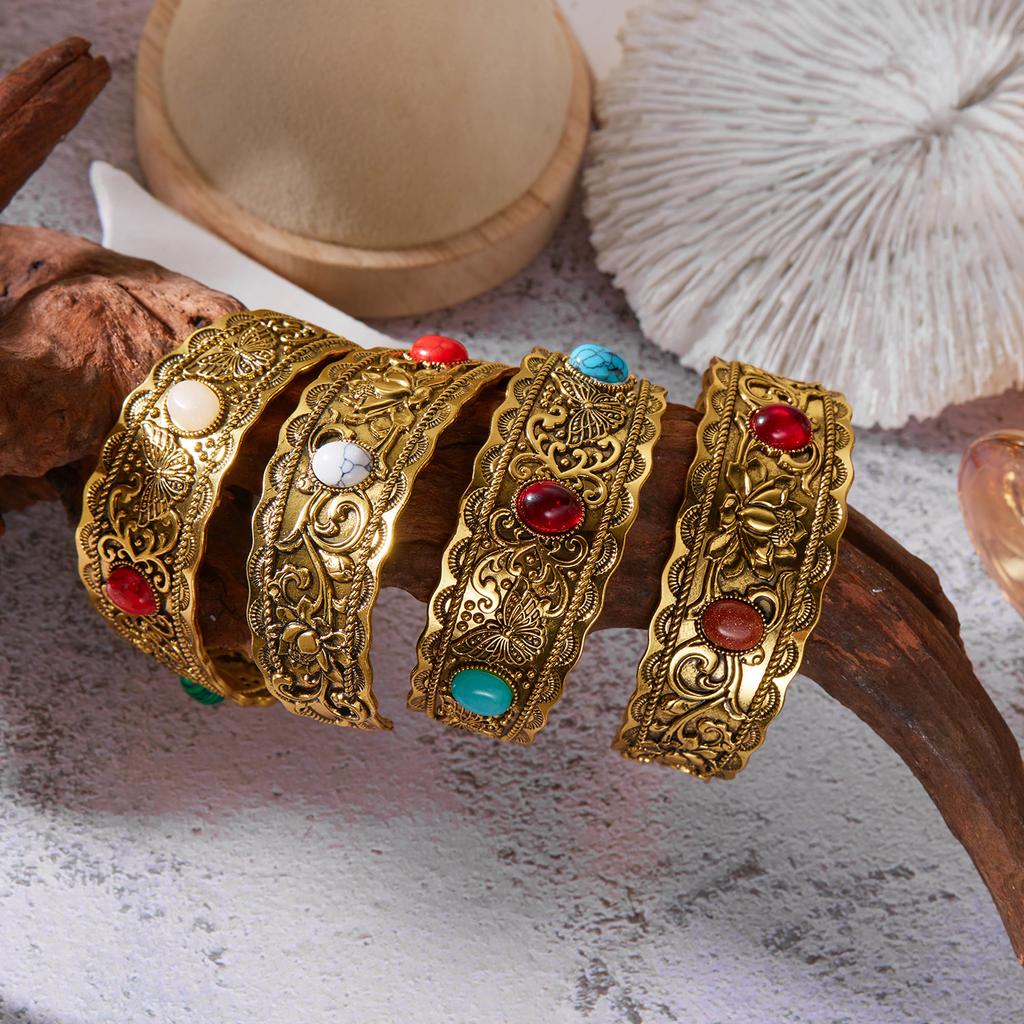 Vintage Elegancka Szeroka Bransoleta Rzeźbiona dla Kobiet Mężczyzn Boho Złoty Kolor Inkrustowana Turkusami Manżeta Biżuteria Osobowość Prezent