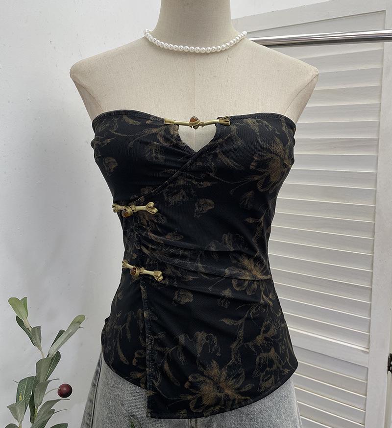 Chinese Style Floral Mesh Strapless Vest with Frog Buttons and Chest Pads One Size жёлтый/чёрный