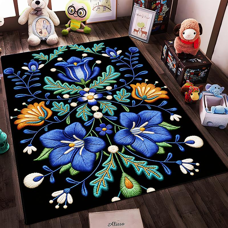 Floral Embroidered Design Carpet with Blue and Orange Flowers Pattern Suitable for use as an anti-slip for living room bedroom sofas