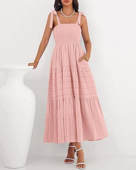 2026 European Summer Beach Pleated A-line Strappy Dress with Pockets