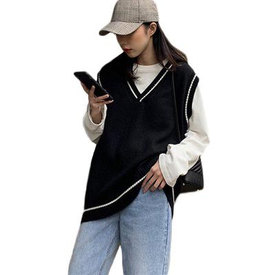 Vest Patchwork Student V-neck Women Knitted Sweater Sleeveless Female Vintage