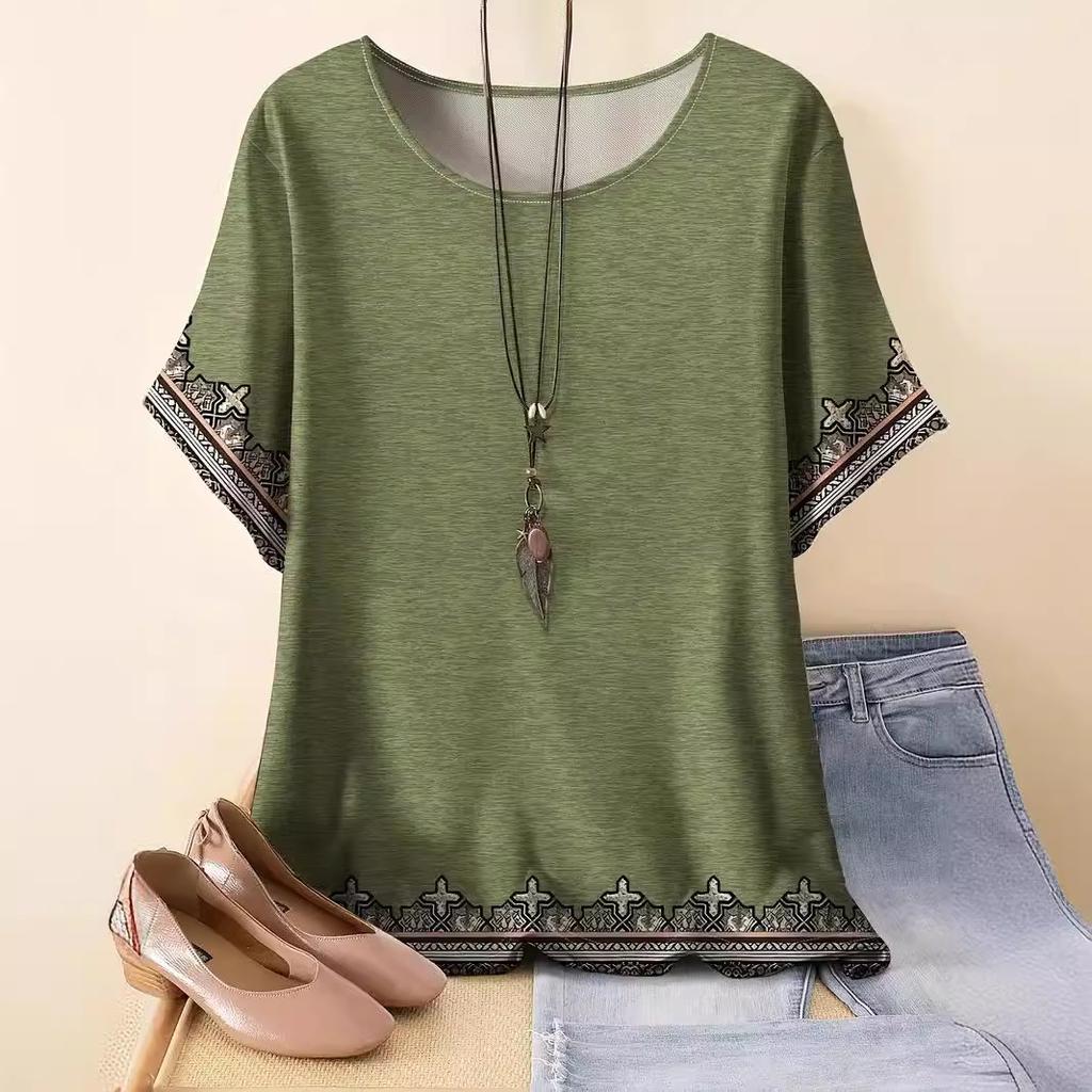 Summer Round Neck 3D Retro Ethnic Style Printed Top Fashionable Casual Short Sleeved Women's Plus SizeT-shirts