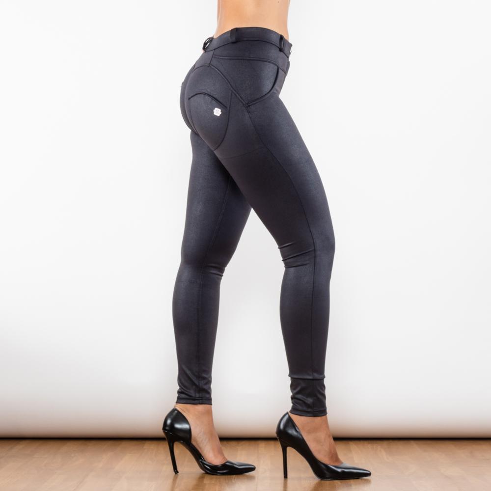 Shascullfites Melody Knisterndes Schwarz beschichtete Damen Leggings Spandex Chinlon Push-Up Po-Lifting Hose Lifting Fitnesshose