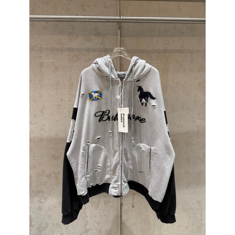 Mens Oversized Hooded Zip-Up Sweatshirt With Embroidered Slogan Distressed Patchwork Design Heavyweight Cotton Winter