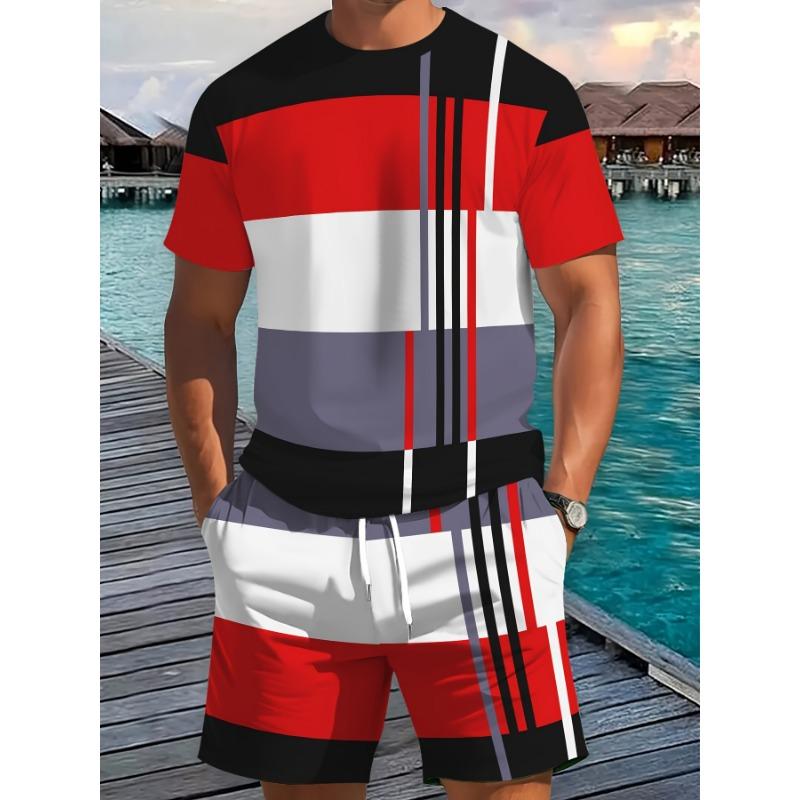 2026 Sommer Neuankunft Herren Freizeit Zweiteiler Set Gestreifter Print Kurzarmhemd und Sportshorts Set Herren Fitness Set