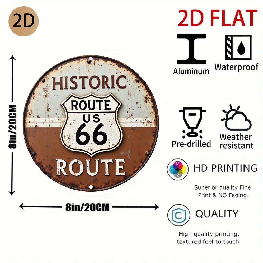D Flat Vintage Route  Metal Wall Art Sign  Rustic Circular Retro Road Themed Decor for Home Garage or Diner Aluminum