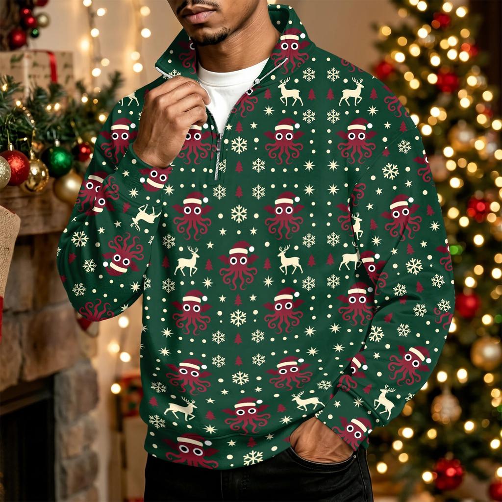 Men's Casual Quarter-Zip Stand Collar Sweatshirt with Christmas Print, Holiday Pullover