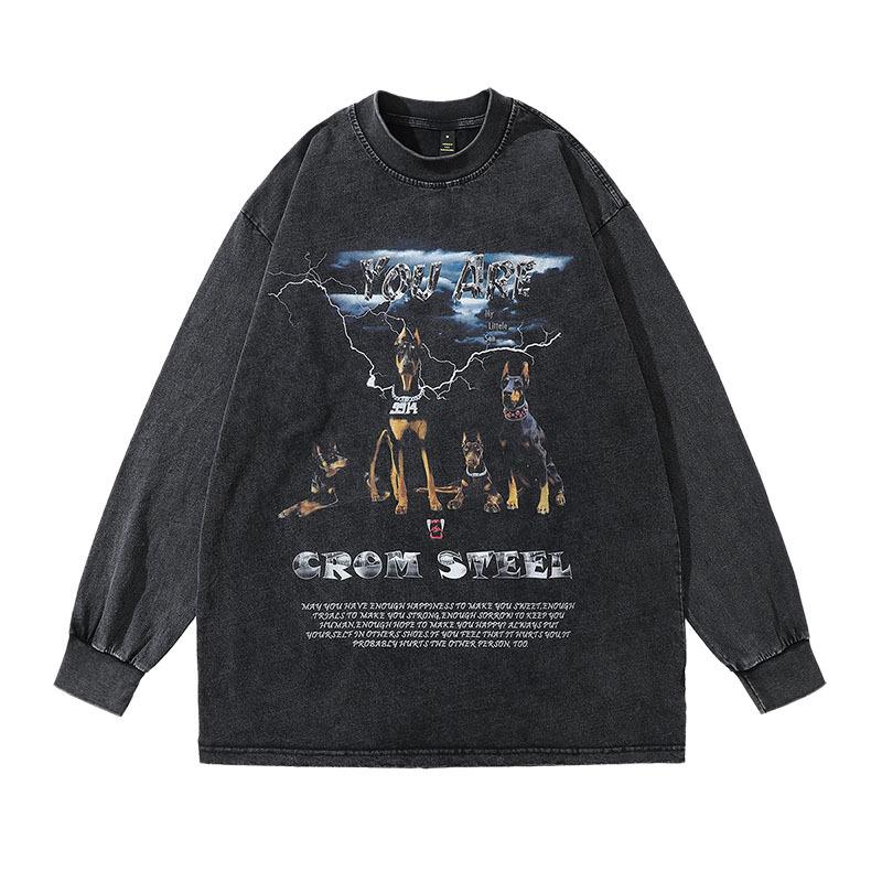 High Street Printed Sweater Ins American Retro Trendy Brand Washed Old Oversize Cotton Long Sleeve T-Shirt Men