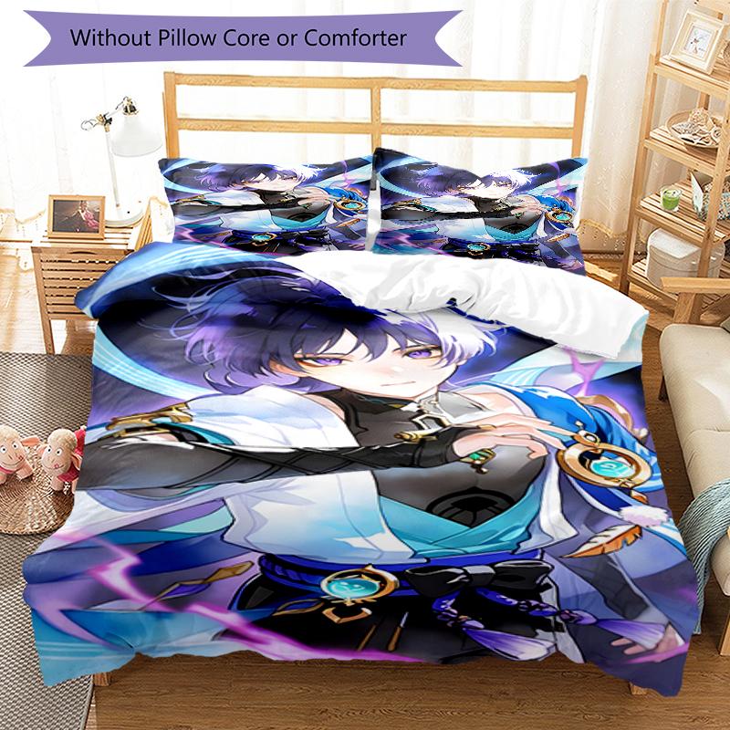 3pcs Genshin Impact Wanderer2 Design Cover Set - HD Printed Bedding with 1 Cover and 2 Pillowcases - Perfect for Home and Dorm Decor