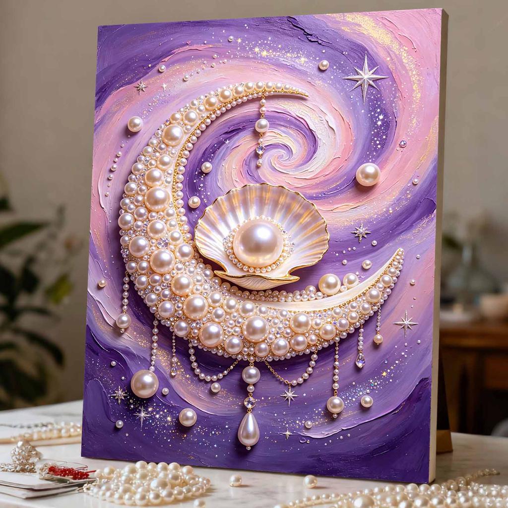 Framed Pearl Bead Painting Kit Celestial Moon Shell Design DIY Shiny Canvas Art Relaxing Craft Gift for Craft Lovers Creative Wall Decor
