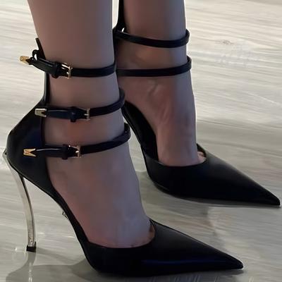Módní kovové sandály na tenkém podpatku Špičatá špička Pevná kůže Přezky Řemínky Sexy styl Jehlové podpatky Dámské sandály Letní boty Designer