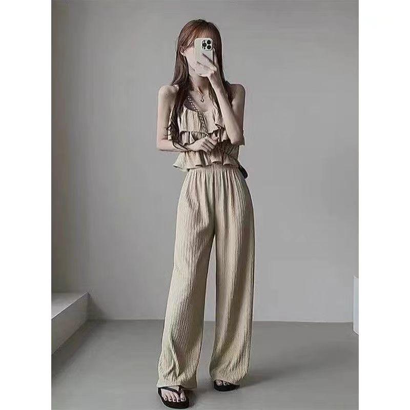 Casual Summer Solid Two Piece New Sets Women Sexy Flounce Tops + Loose High Waist Pants Female Chic Elegant Patchwork Party Beach Suits