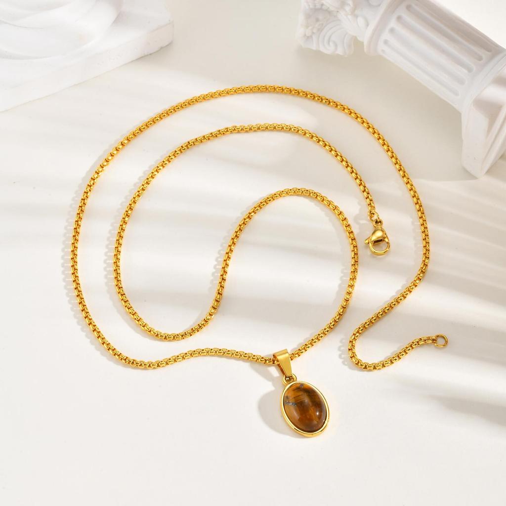 Vnox Trendy Natural Stone Geometric Pendant Necklace for Men, Stainless Steel Gold Color Box Chain Collar, Fashion Charm Jewelry
