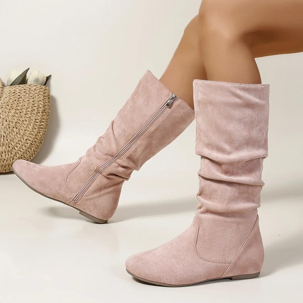 Pleated Design Slip On Western Boots Woman Flat Suede Flock Thick Heels Cowboy Boots Woman Side Zipper Mid-calf Short Botas