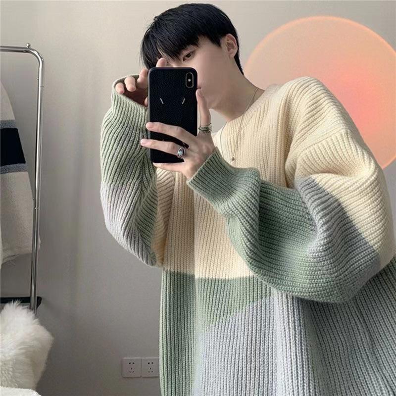 Unisex Oversized Crew Neck Knit Sweater Navy Black Beige Color Block Chunky Loose Fit Casual Pullover