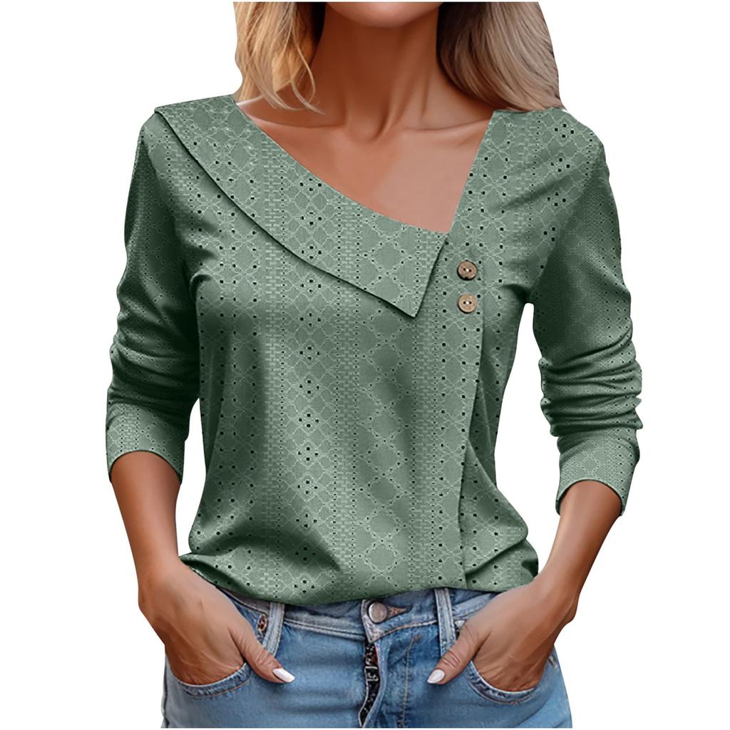 Women's Fashion V-Neck Button-Up Long-Sleeve T-Shirt Casual Solid-Color Top