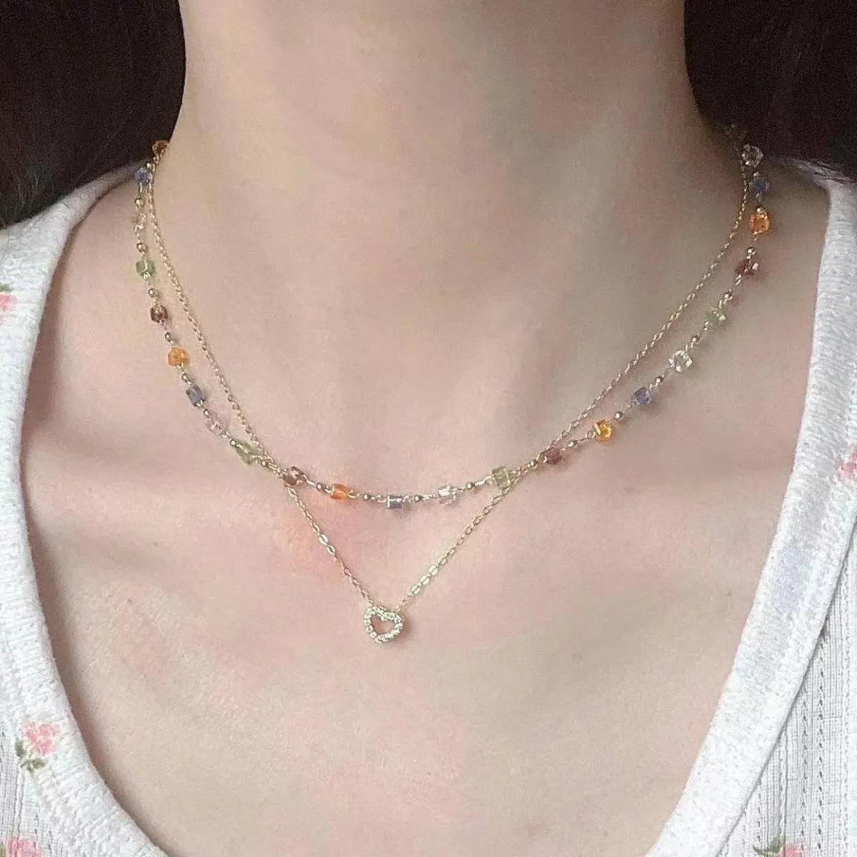 

Colorful Crystal Heart Layered Beaded Necklace - Minimalist Choker for Women