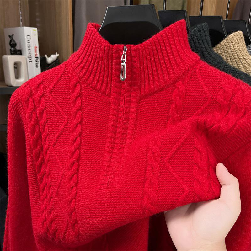 Herren Winter dicker Strick Pullover mit halbem Reißverschluss und Stehkragen