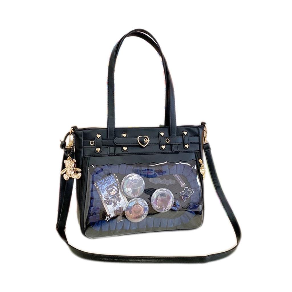 Color Solid Heart Shaped Decor Women Tote Bag With Transparent Compartment
