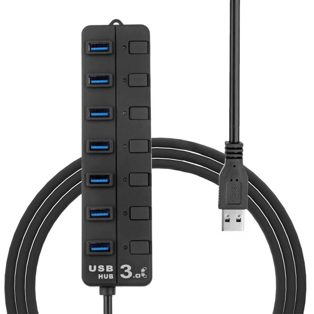 CE Certified 7-Port USB 3.0 Hub 4ft Cable 5Gbps Speed High-Speed ROHS Individual Switches Data Transfer PC Laptop Rubber Oil