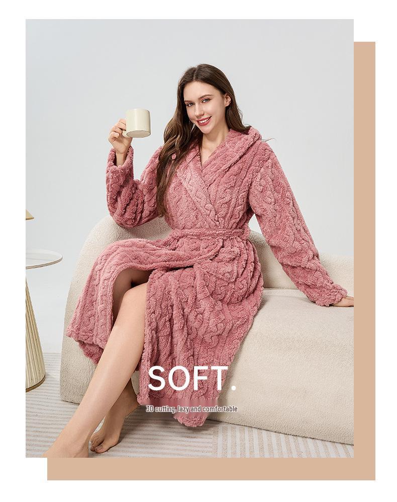 Bademäntel mit Kapuze aus Jacquard-Fleece für Damen und Herren – Warme, dicke lange Roben für Herbst und Winter