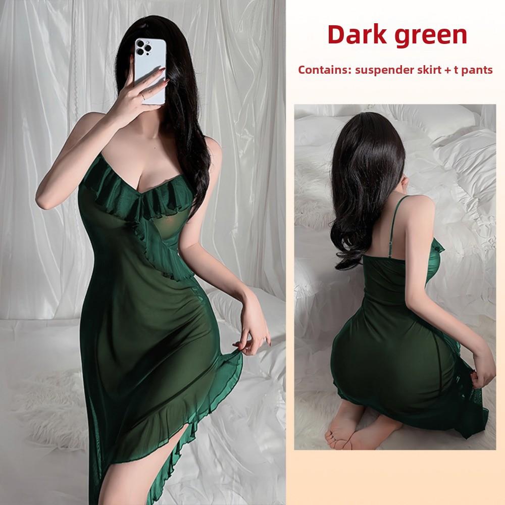 Style Suspender Nightgown Sexy Charming Ruffle Bottom Swing Split Pajamas Loungewear