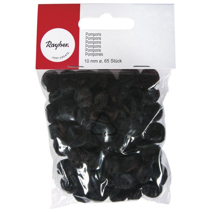 Pompons, Black, 10 Mm, 65 Pcs
