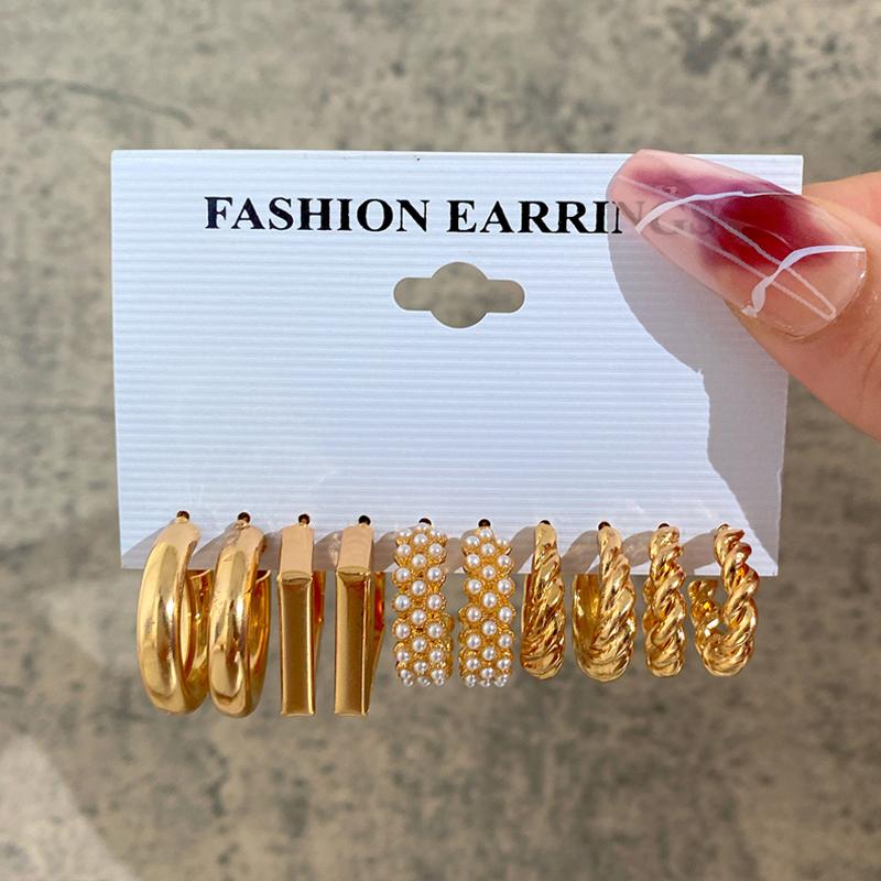 New Gold Color Big Circle Hoop Earring Set for Women Fashion Bohemia Vintage Pearl Earring Heart Zircon Ear Studs Jewelry Gifts