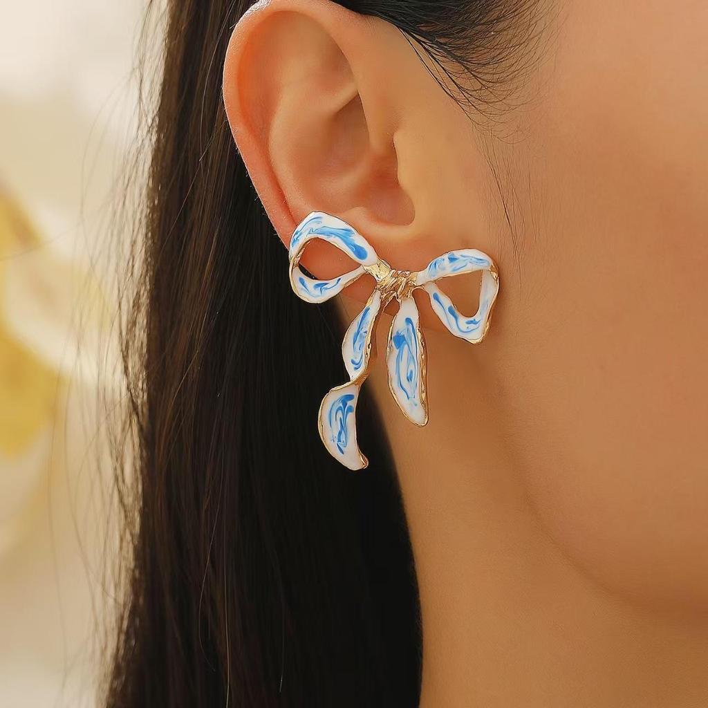 Literary Retro Fashion Enamel Imitation Blue And White Porcelain Drip Oil Bow Pendant Earrings For Women