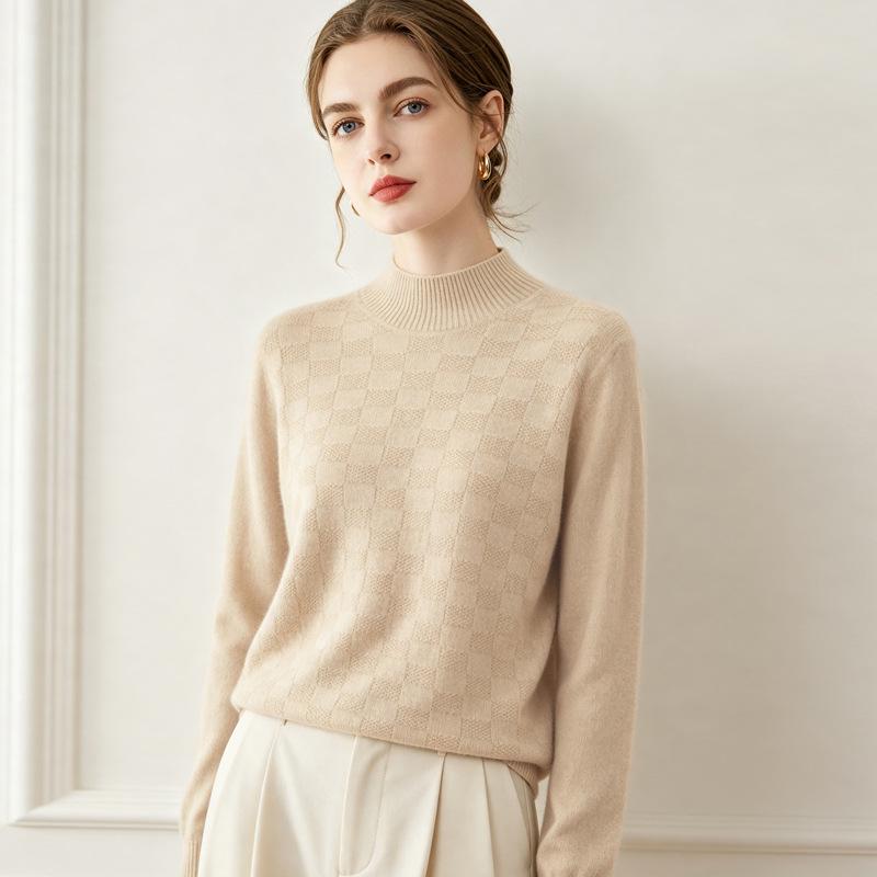 Lekasha Women's High Neck Waffle Knit 100% Pure Cashmere Sweater - Long Sleeve, Autumn/Winter