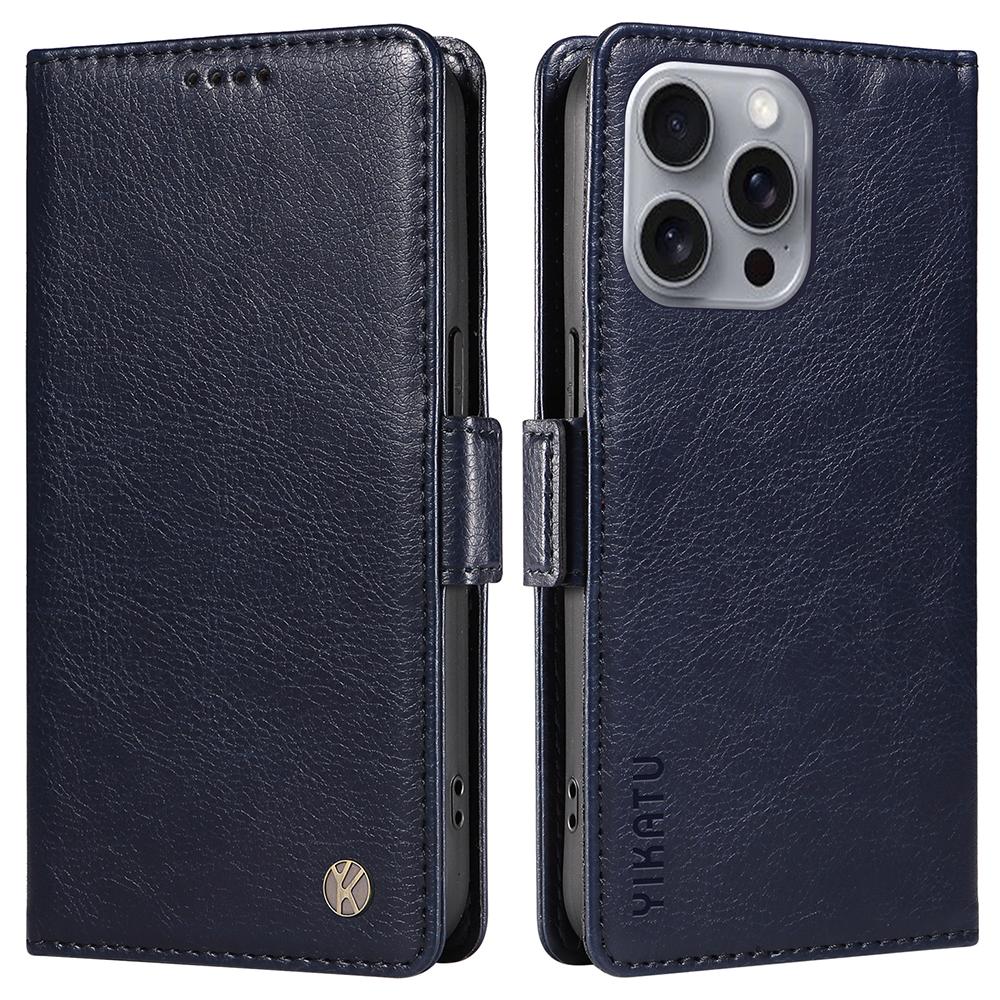 

YIKATU YK-007 For iPhone 16 Pro Max Case Litchi Texture Leather Phone Cover with Wallet Stand Navy Blue
