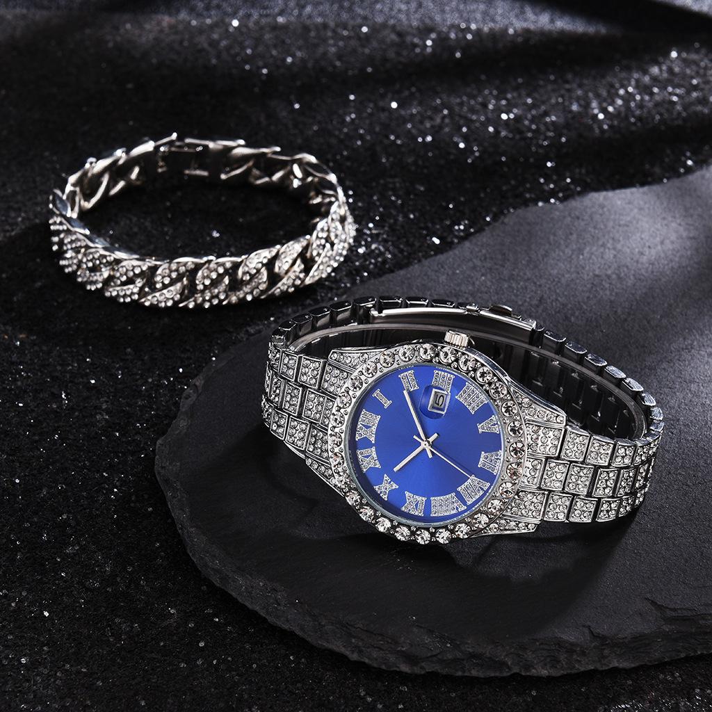 Stainless Steel Quartz Watch with Roman Numerals and Rhinestones