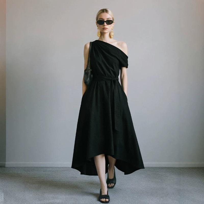 New Summer/Fall Collection Elegant Off-the-Shoulder Waist-Cinched Tie-Front Dress with Asymmetrical Hem for Women