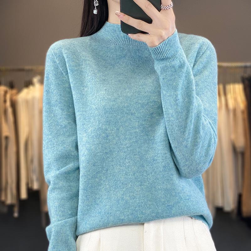 Women's Pure Wool Half-High Neck Sweater - Loose Fit Knitwear for Autumn and Winter