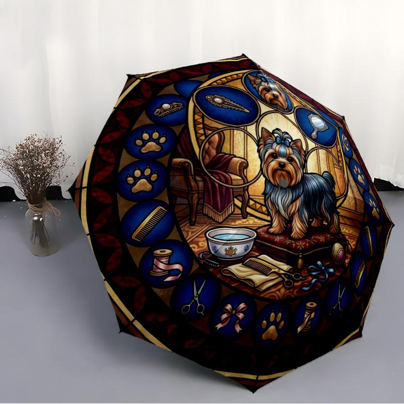 Glass Yorkshire Terrier pattern umbrella, portable and foldable design, 8 ribs, a casual accessory for Halloween, Christmas, and birthday gifts.