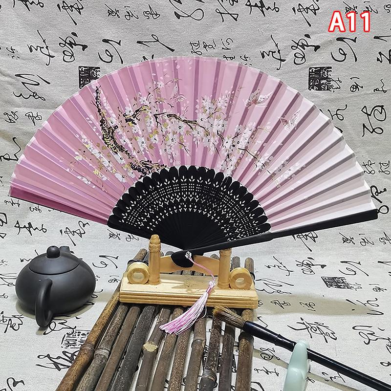 Vintage Chinese Style Folding Fan Bamboo Hand Fan Wooden Shank Classical Dance Fan With Tassel Elegent Female Fan Home Decor