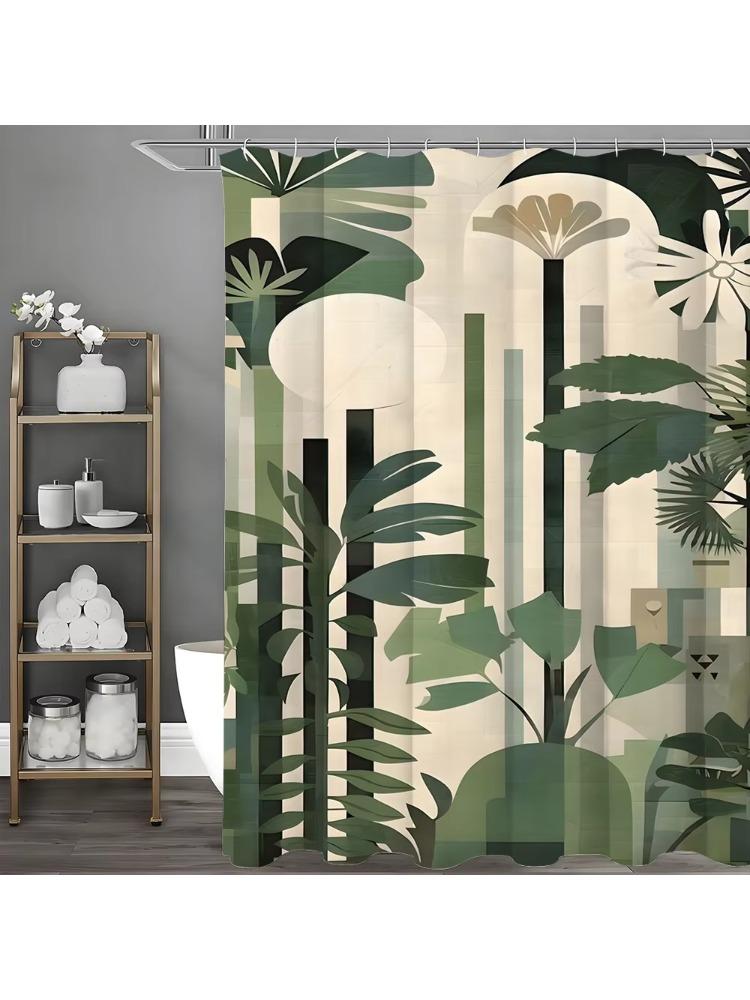 Green Plant Shower Curtain, Bathroom Decorative Shower Curtain, Waterproof Shower Curtain with Hooks