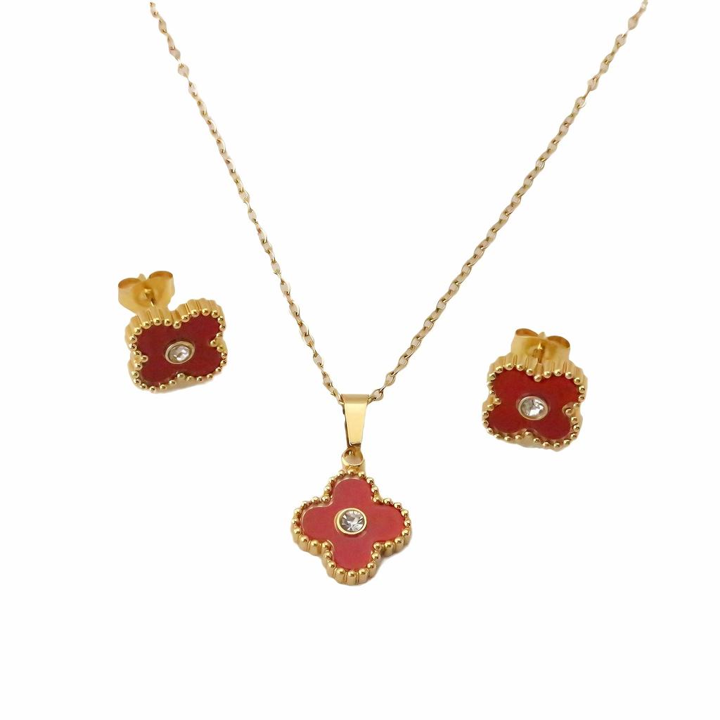 2PCS Stainless Steel Clover Shell with Diamond Necklace and Earring Set