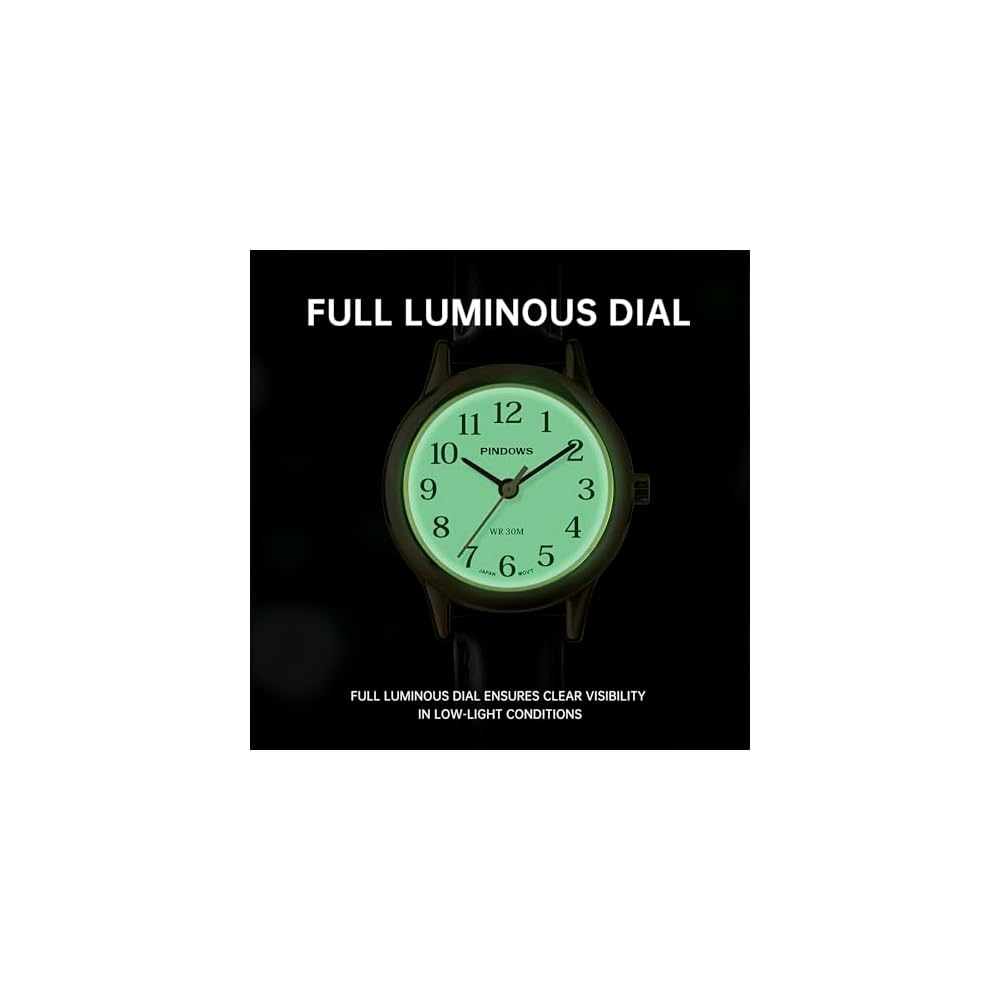 PINDOWS Women's Slim Minimalist Quartz Analog Watch Black Leather Strap Gold Tone Case Elegant Everyday Timepiece