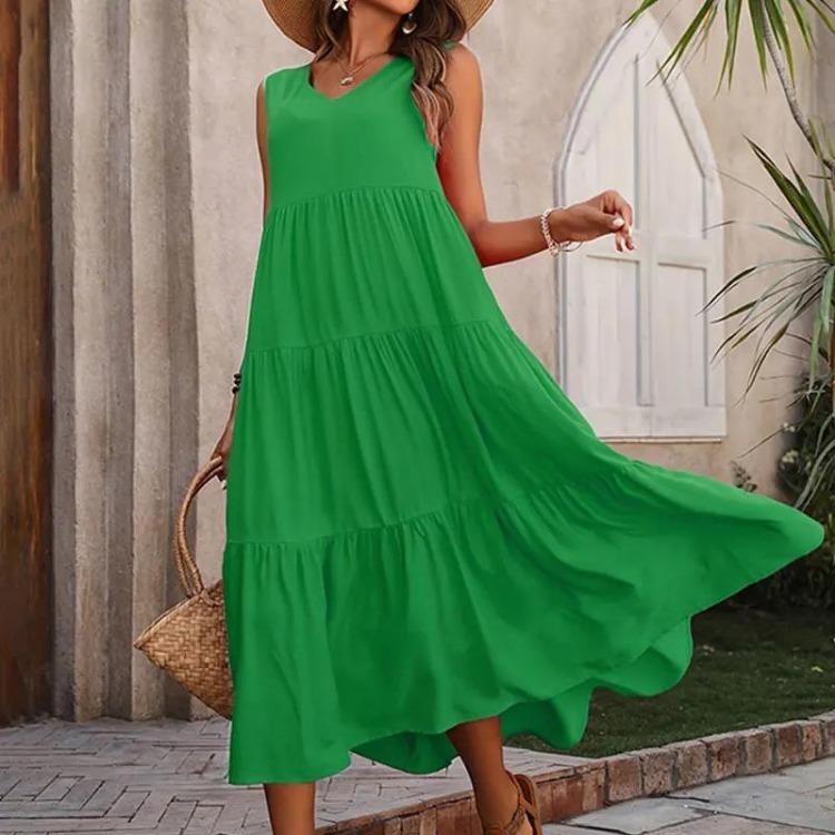 Women Casual Vacation Beach Dress Elegant V-neck Loose Long Dresses Holiday Femme Yellow Black RUFFLES Summer