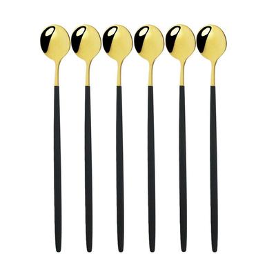 6Pcs Schwarz Gold Lange Griff Besteck Edelstahl Löffel Poliert Rühren Trinken Eis Dessert Tee Löffel Geschirr Set