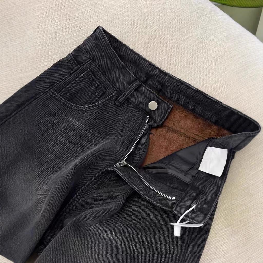 Schwarze und graue warme Jeans mit Plus-Samt, locker, gerade geschnitten, für Damen, für Herbst und Winter, neu, amerikanischer Retro-Stil, hohe Taille, Baggy-Weitbein-Hose