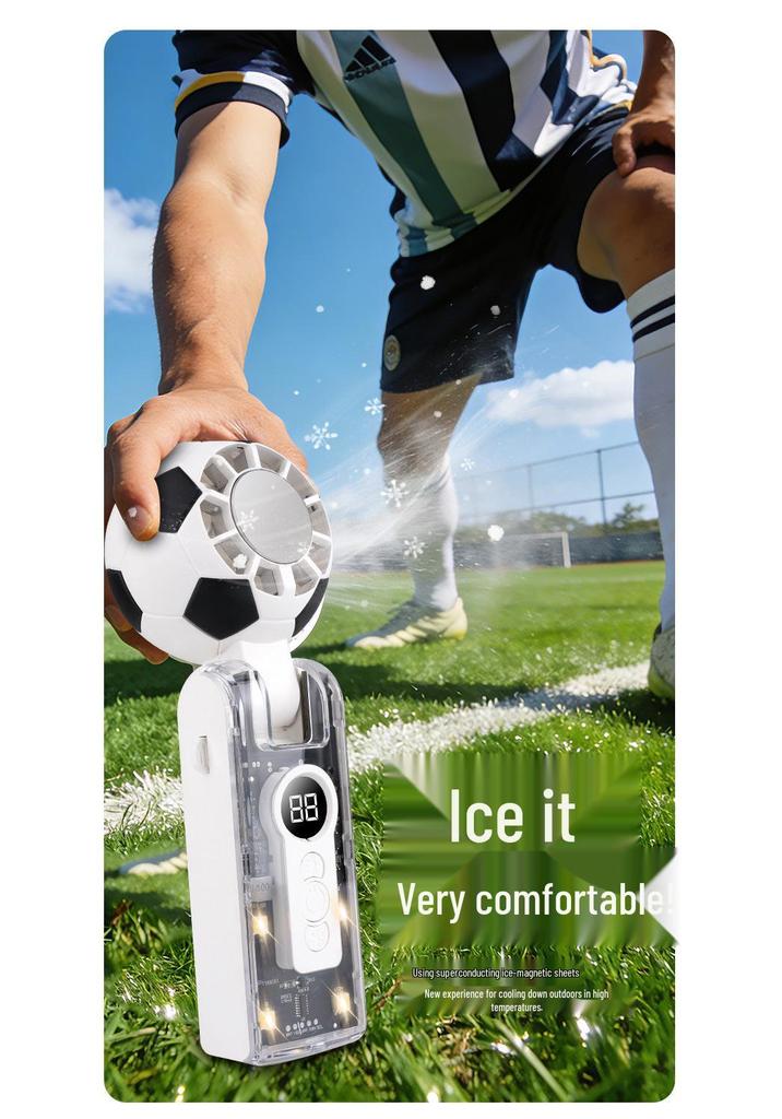 X68 Cross Football World Cup Portable Handheld Fan with Semiconductor Cooling and Rechargeable Folding Design.