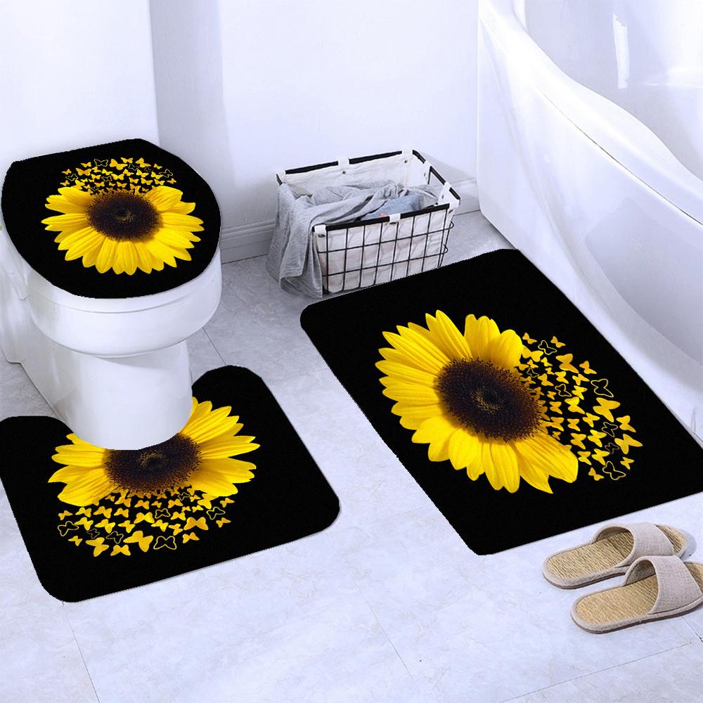 Magic Sunflower Butterfly Shower Curtain Sets Black Yellow Art Country Flower Bathroom Decor Curtains Bath Mats Rug Toilet Cover