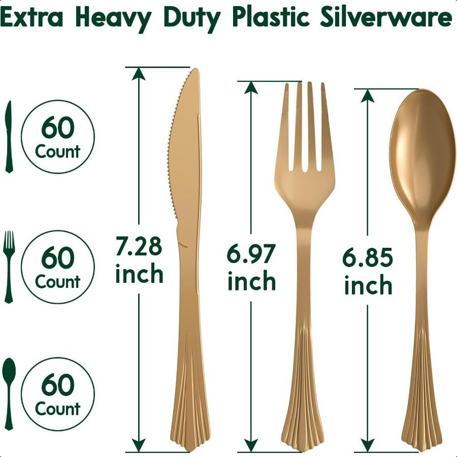180 Count Gold Plastic Silverware Set Disposable Dinnerware Sets Plastic Cutlery Set Includes 60 Forks 60 Spoons 60 Knives Plas