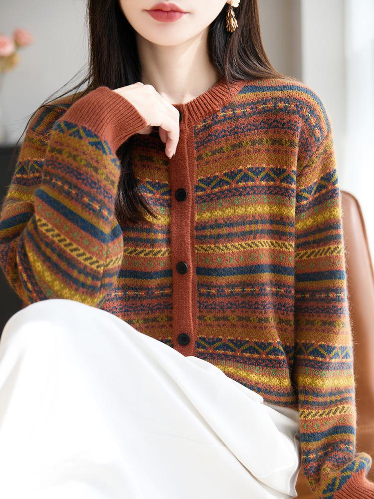 Women's French Retro Fair Isle Jacquard Knit Cardigan - Autumn/Winter Round Neck Sweater