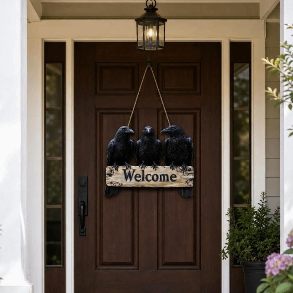 Handmade 2D Flat Welcome Sign Black Crow Pattern Hanging Tag Door Decoration