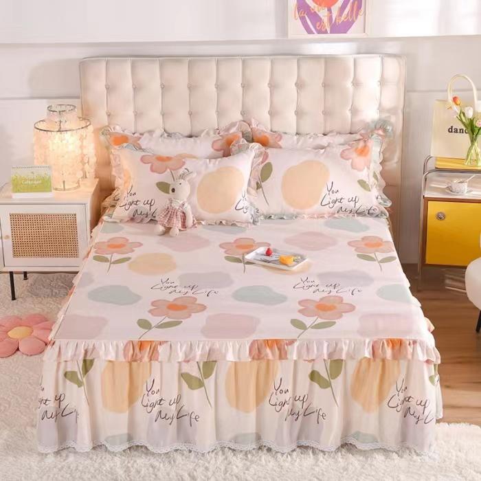 3pcs Sheet Set High Grade 100% Cotton Printed Bedspread King Queen Size Cute Pure Cotton Thick Bed Skirt with 2pcs Pillowcase