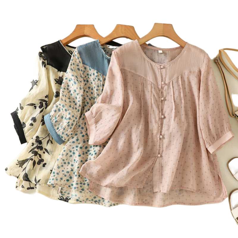 Retro Printed Cotton Linen Shirt Women's Contrasting Color Round Neck Shirt Temperament Thin Short Sleeved Top Summer Shirt