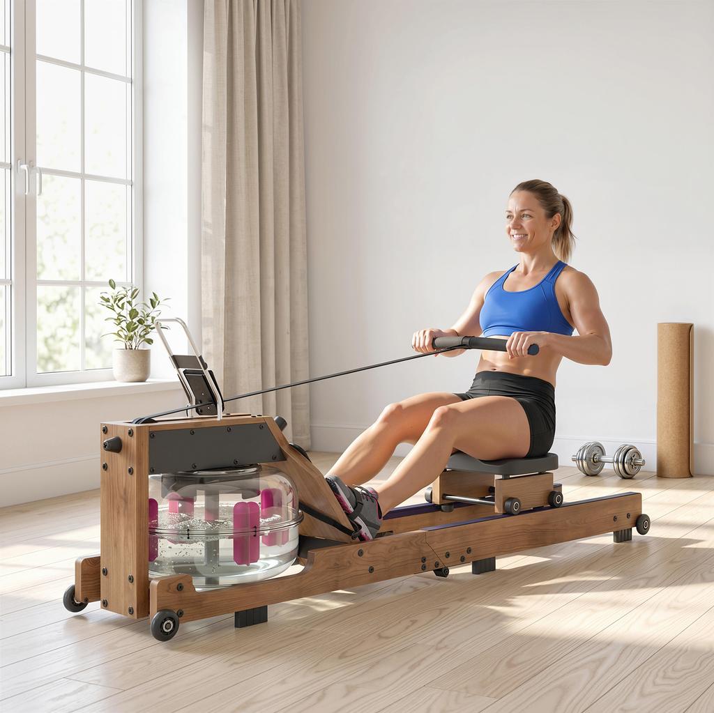 Water Rowing Machine, Foldable, Double Rail, Aluminum, 158 kg, Bluetooth, 182 x 42 x 67 cm, Oak